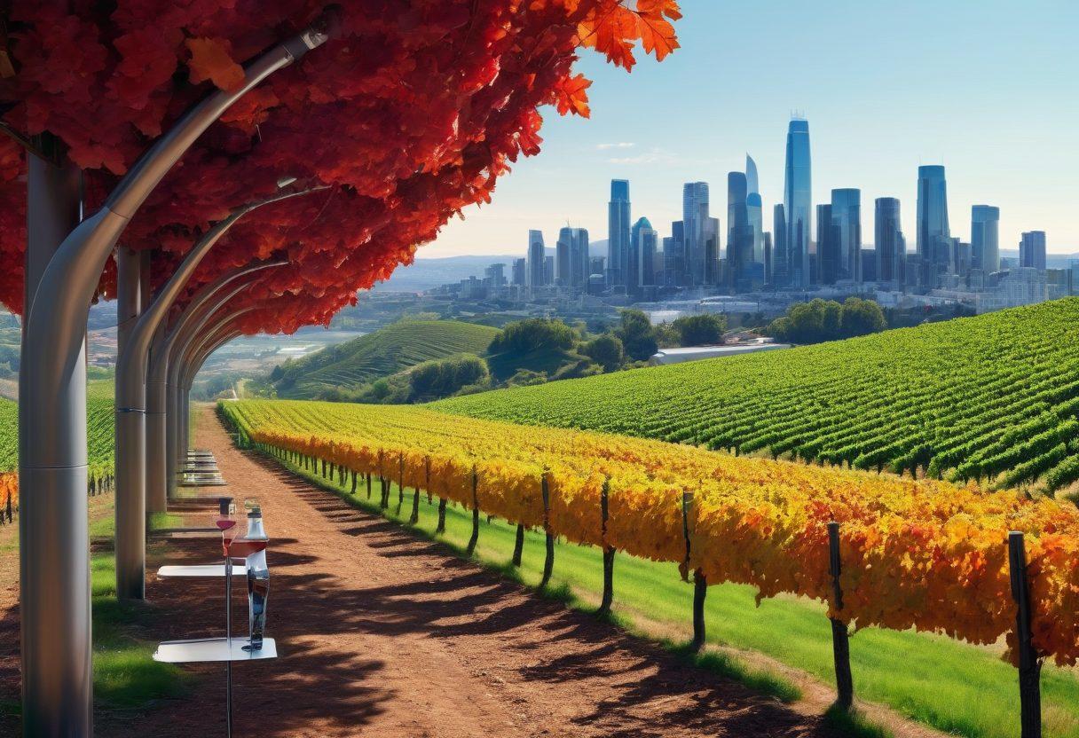 A visually striking collage of a futuristic vineyard, showcasing advanced wine-making technology such as robotic harvesters and bioengineered grapevines. In the background, a skyline of a modern city blending with lush winery landscapes, emphasizing innovation and sustainability. Include vibrant wine bottles and glasses, symbolizing the evolution of wine culture. super-realistic. vibrant colors. futuristic elements.