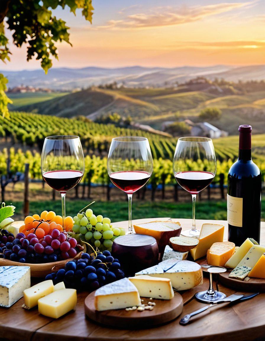 A beautifully arranged wine tasting scene featuring an elegant table set with various wine glasses, an assortment of vibrant wines, and a variety of gourmet cheeses and fruits. The background should showcase a warm, inviting vineyard in full bloom, with rolling hills and sunset lighting. Include a sommelier thoughtfully swirling a glass, deep in concentration. This image should evoke a sense of sophistication and appreciation for wine culture. super-realistic. vibrant colors. warm tones.