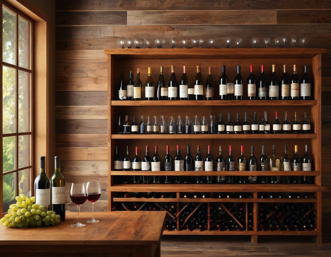 An elegant wine bar display showcasing a diverse range of wine bottles, featuring organic, premium selections with vibrant labels. Include a backdrop of rustic wooden shelves adorned with wine glasses and grapes, capturing the essence of sophistication and variety. Ambient lighting to create a warm and inviting atmosphere. super-realistic. vibrant colors. soft focus.